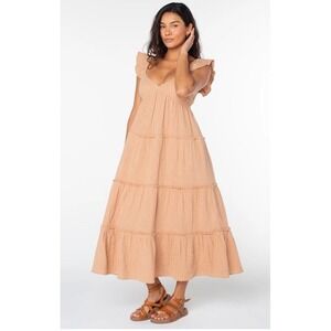 Roxy Juniors Women's Palmy Days Midi Sun Dress Long Tiered Praline Solid Brown L